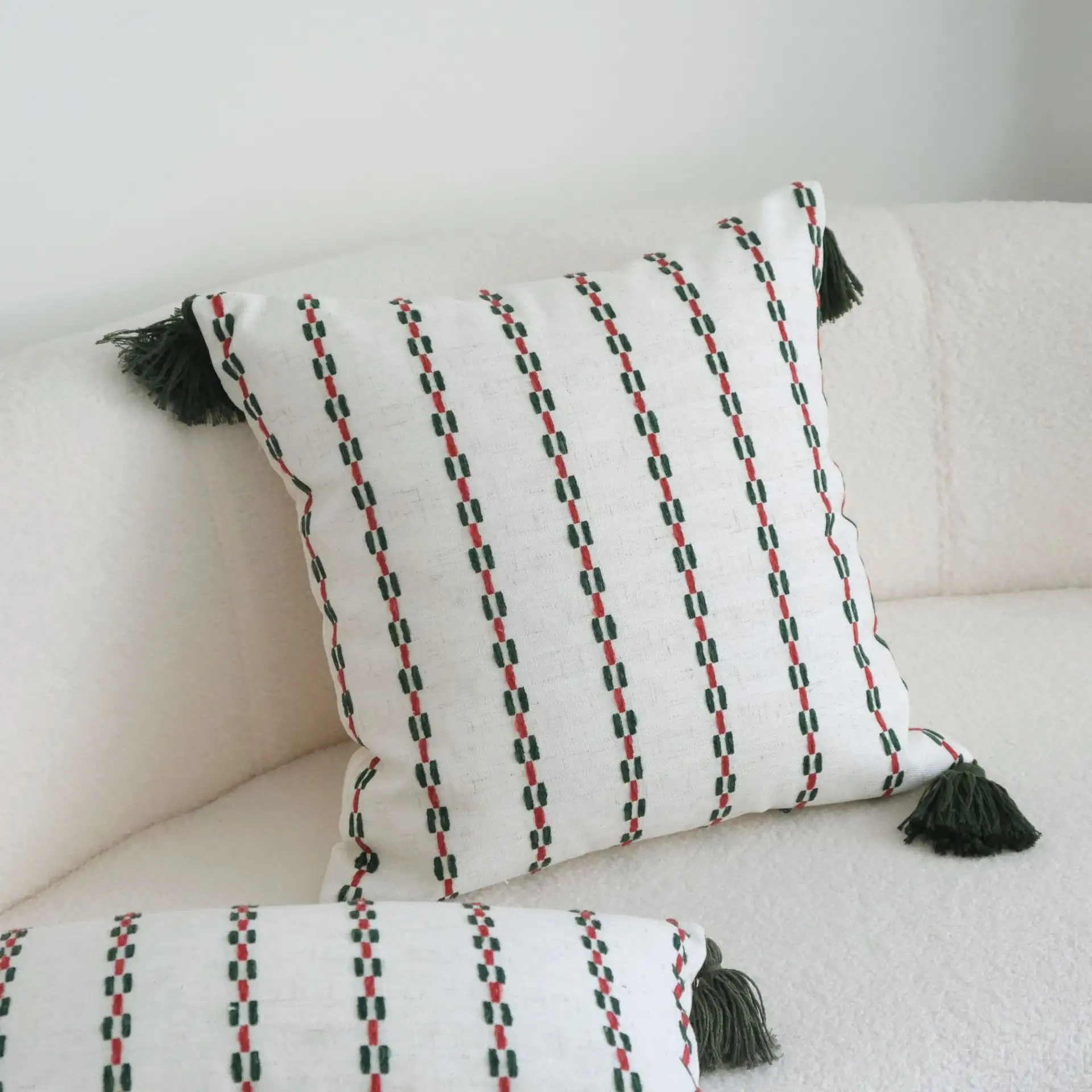 Christmas Collection Red And Green Striped Tasseled Plush Throw Pillow Sofa Cushion