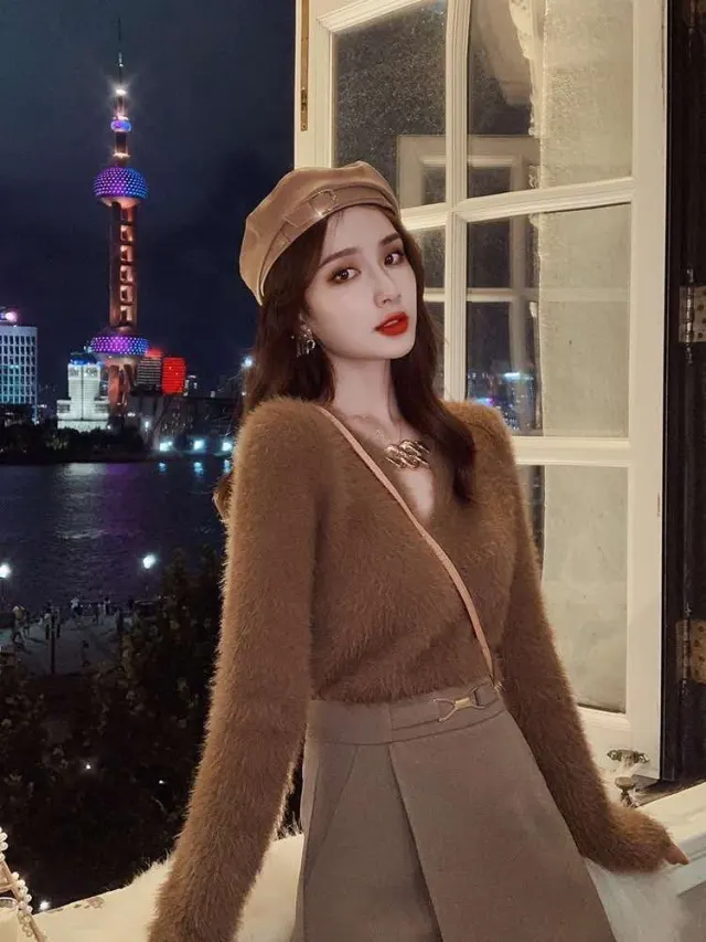 New Imitation Mink V neck Sweater Women's Simple Khaki - Shop at LoveMi
