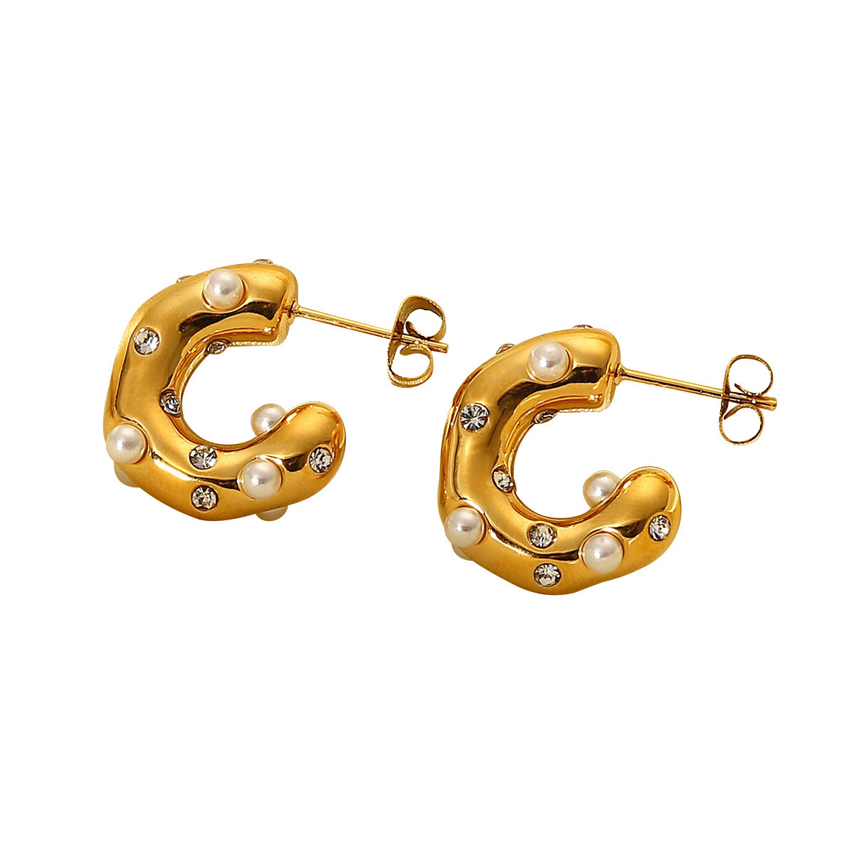 Women's Design Letter C Inserted Beads Hammered Stainless Steel 18K Gold Earrings