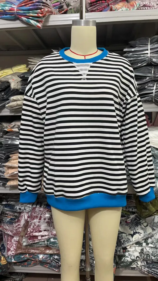 Striped Round Neck Contrast Color Loose Long Sleeve Sweatershirt Black And White Stripes - Shop at LoveMi