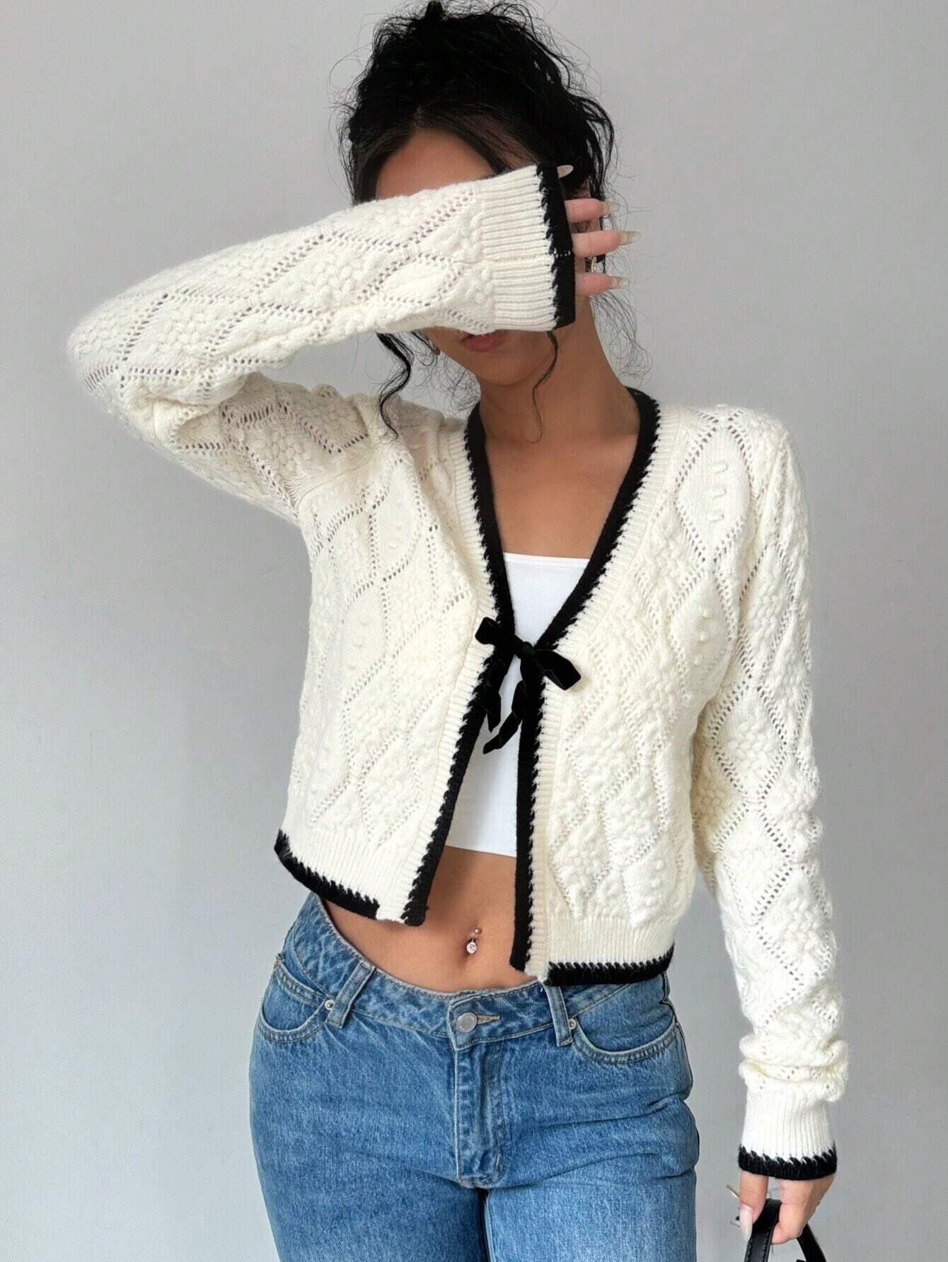 Title 4, Casual V-neck Bow Tie Knitted Jacket