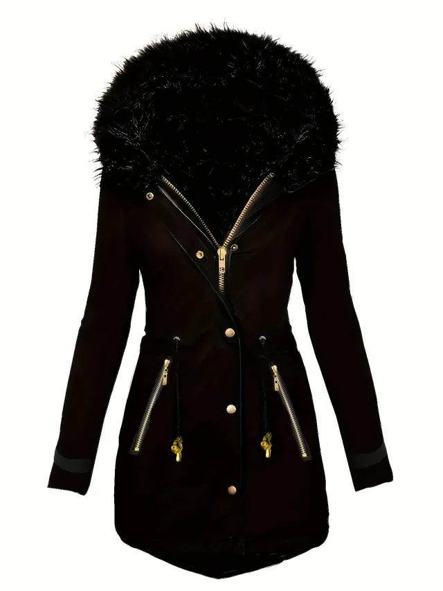 Zipper Faux Fur Decorative Hat Fur Coat Long Sleeve Oblique Black - Shop at LoveMi