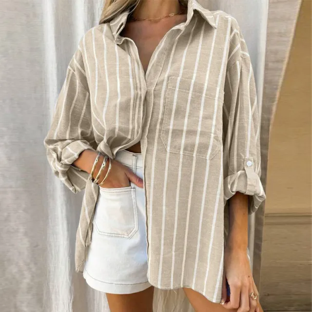 Striped Shirt Women's Long sleeved Cardigan Khaki - Shop at LoveMi