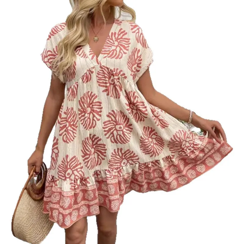 Women's Loose Casual V-Neck Digital-Print Short-Sleeve Dress - Color