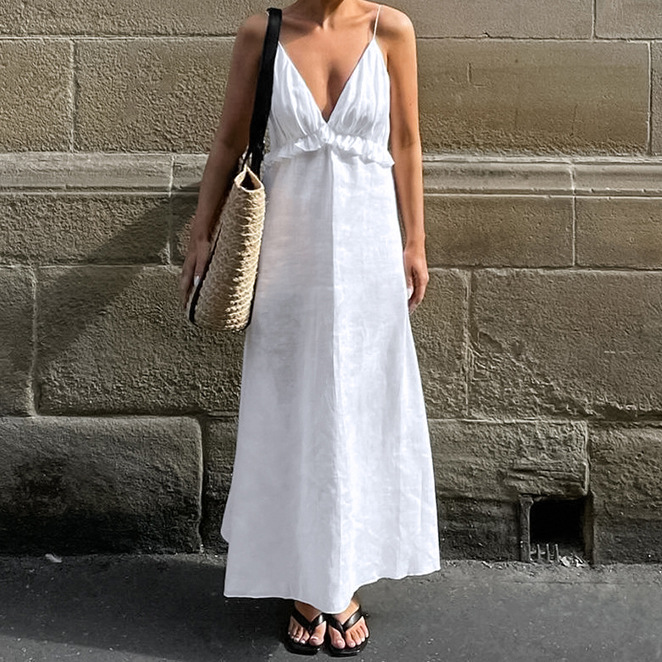 Sexy White Cotton Linen V neck Flounce Loose Sling Dress White - Shop at LoveMi