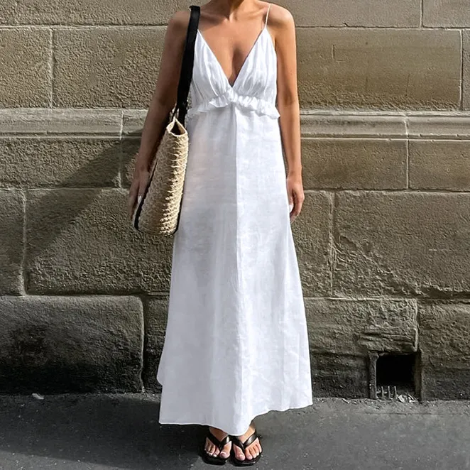 Sexy White Cotton Linen V-neck Flounce Loose Sling Dress - White