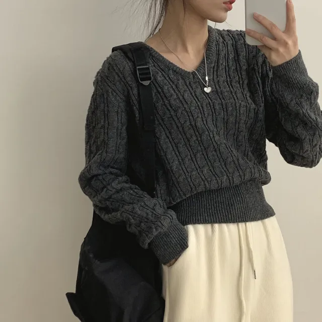 Twist knit V neck Waist cinching Long sleeve Knit Sweater Charcoal Gray - Shop at LoveMi