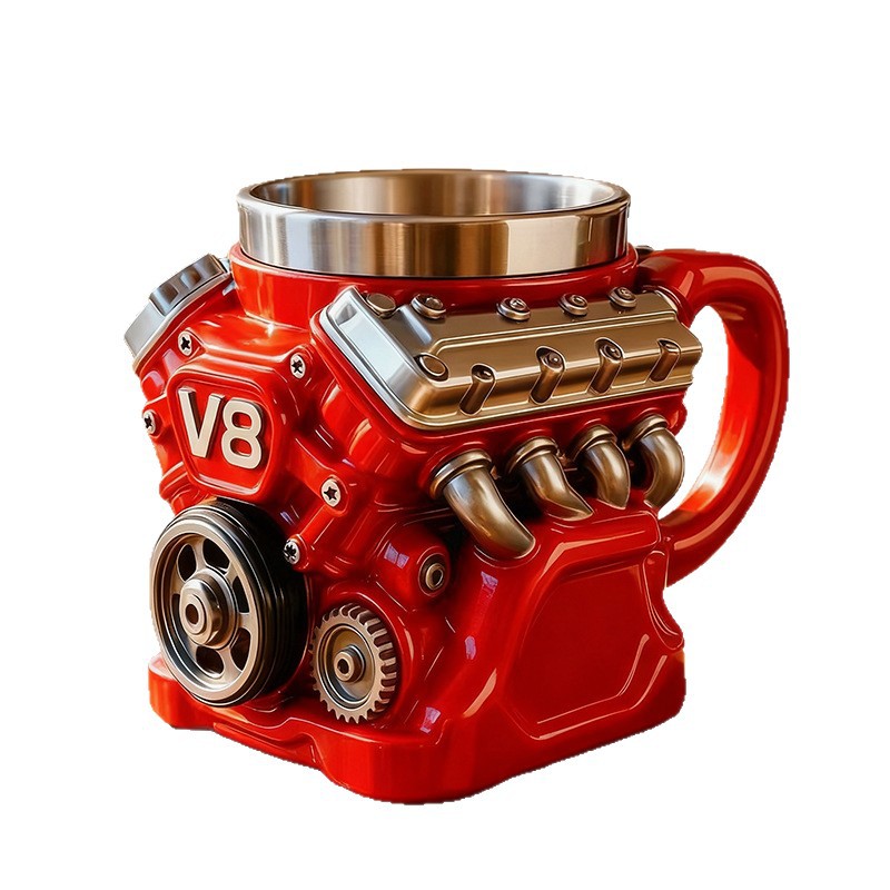 Close-up of high-detail V8 polyresin engine sculpture surface texture and finish