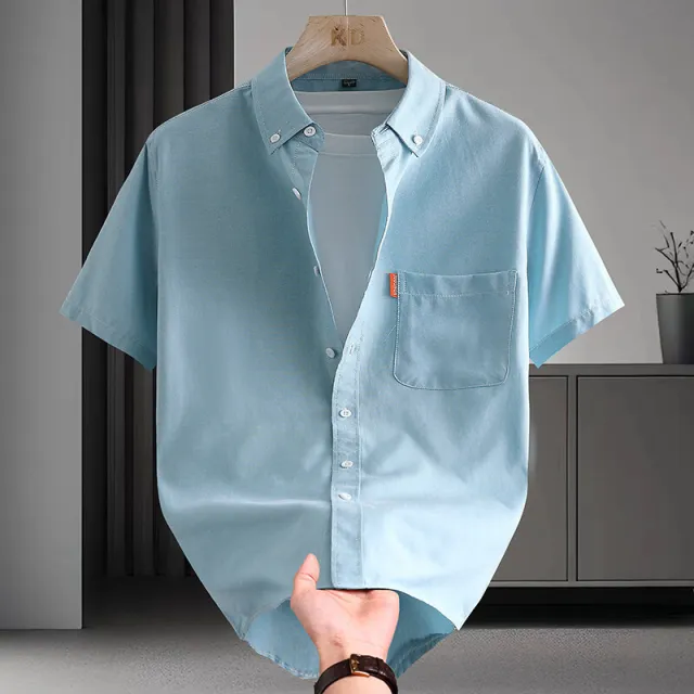 Short sleeved Shirt Men's High Cotton Light Luxury Artistic Solid Color Gray And Blue - Shop at LoveMi