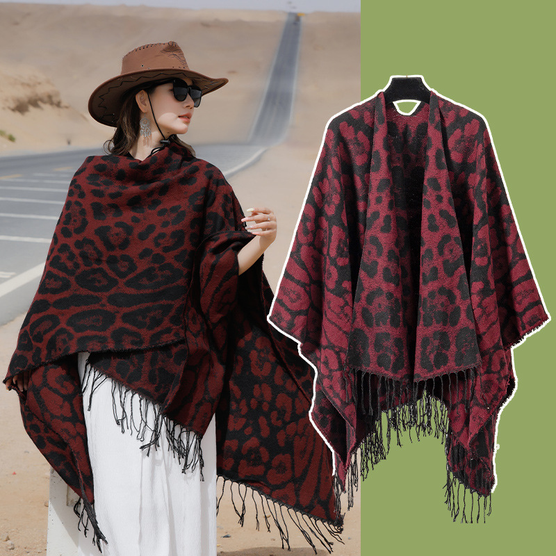 New Leopard-Print Tassel Shawl AutumnWinter Travel Faux Cashmere Knitted Scarf