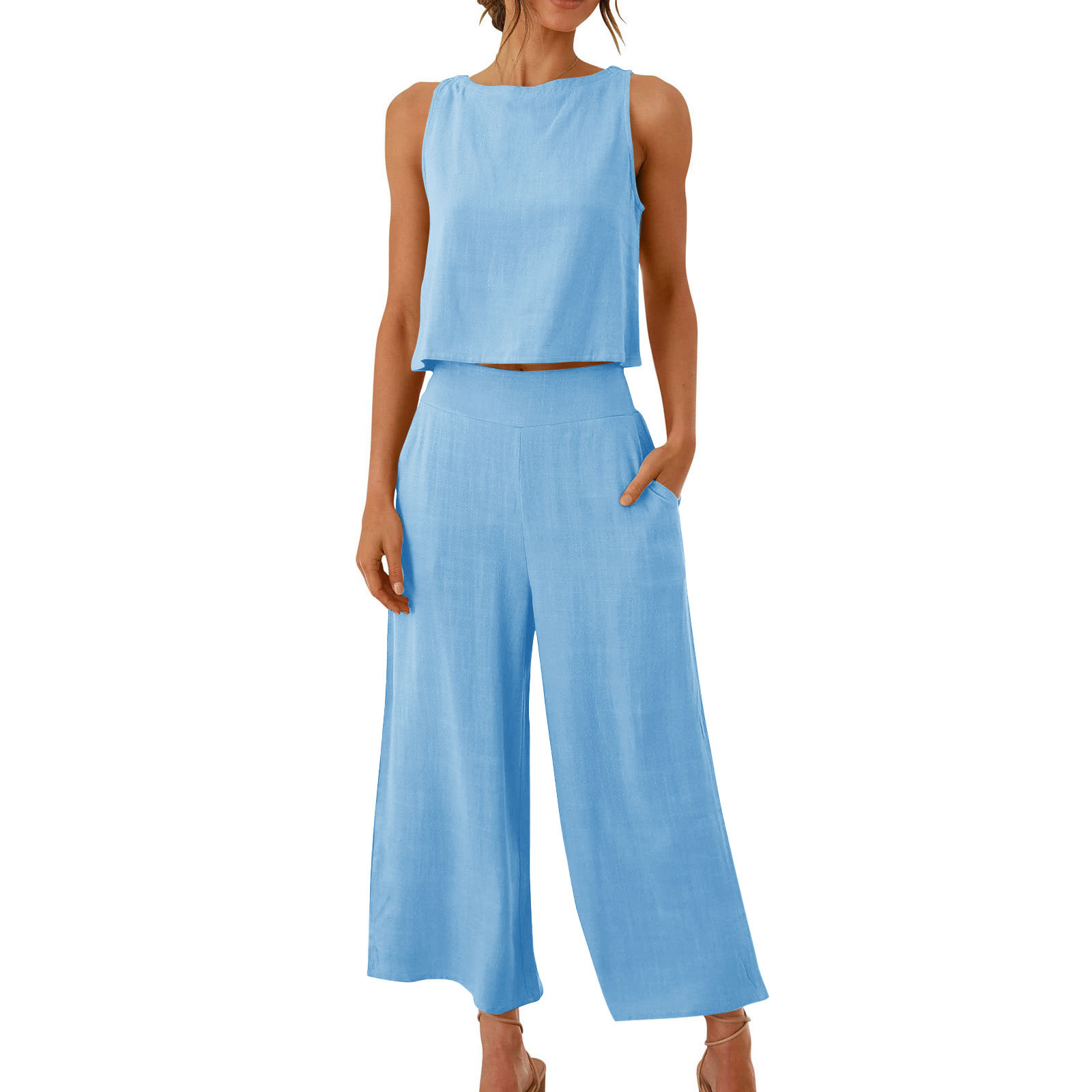 New Casual Sleeveless Top Wide Leg Trousers Suit