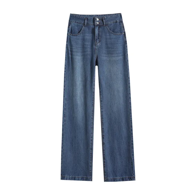Fashion Tencel Wide leg Jeans For Women Retro Blue Cropped Pants - Shop at LoveMi