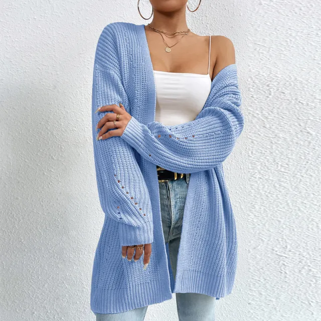 Solid Color SweaterLoose Medium Length Sweater Jacket Knitted Cardigan Blue - Shop at LoveMi