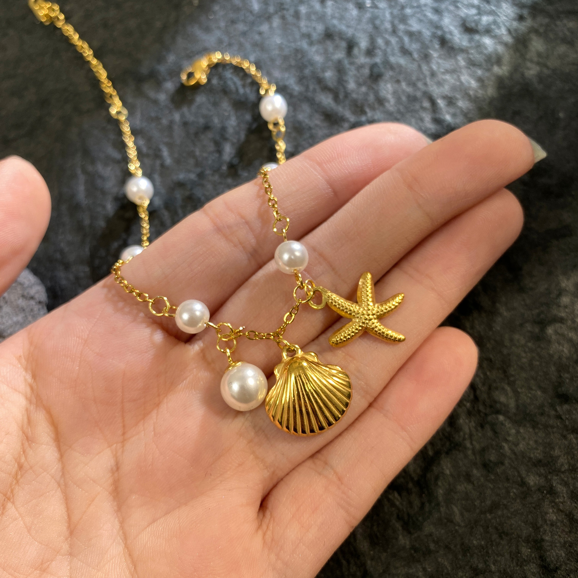 Titanium Steel Ocean Starfish Pearl Shell Bracelet