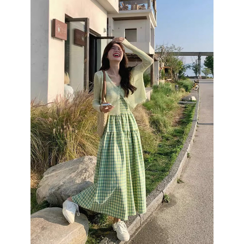 Mint Green Cardigan Suspender Skirt Mori Style Two-piece Set