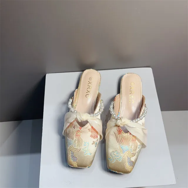 Embroidered Flat Square toe Low cut Half slipper For Women Apricot - Shop at LoveMi