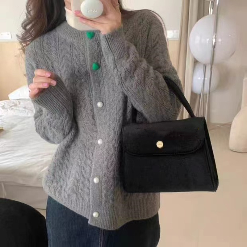 Heart Buckle Round Neck Single breasted Knitted Cardigan Loose Casual Sweater Coat Gray - Shop at LoveMi