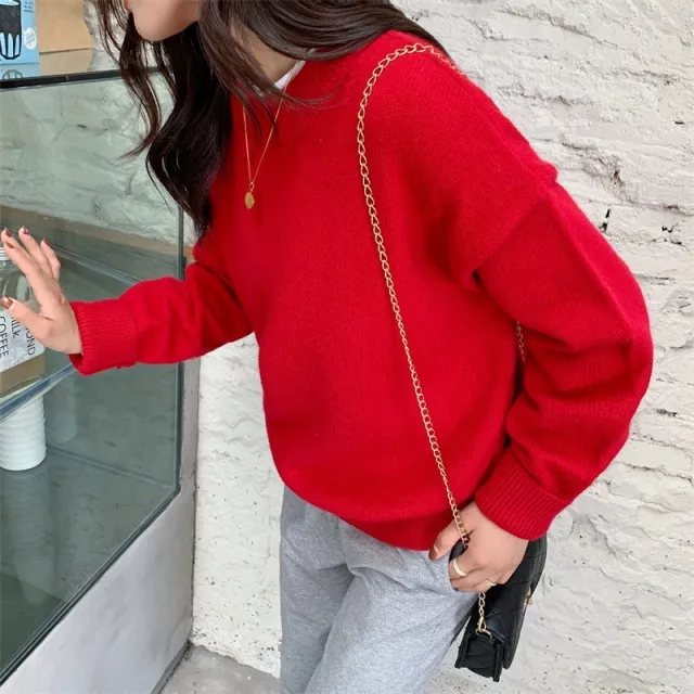 Retro Lazy Style Solid Color Pullover Soft Glutinous All matching Sweater Red - Shop at LoveMi