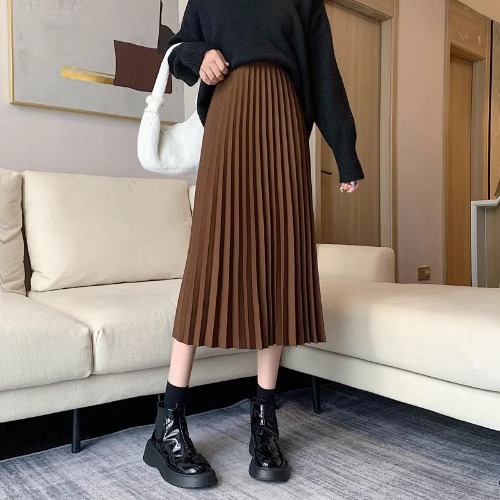 Highwaisted Aline Pleated Wool Midi Skirt For Women
