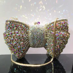 Bow Diamond Evening Bag Rhinestone Clutch - Gold - View 1