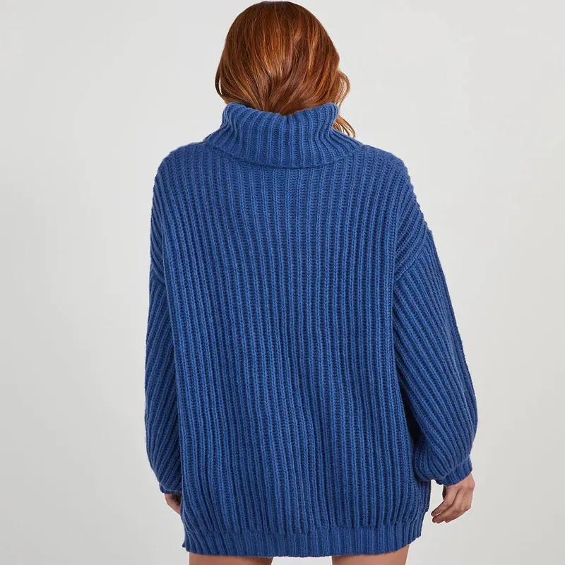 Solid Colour Turtleneck Long Sleeve Loose Dress Sweater - Blue