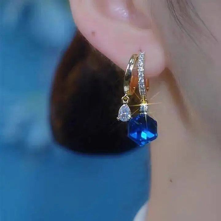 Elegant Blue Cube Sugar Crystal Tassel Earrings