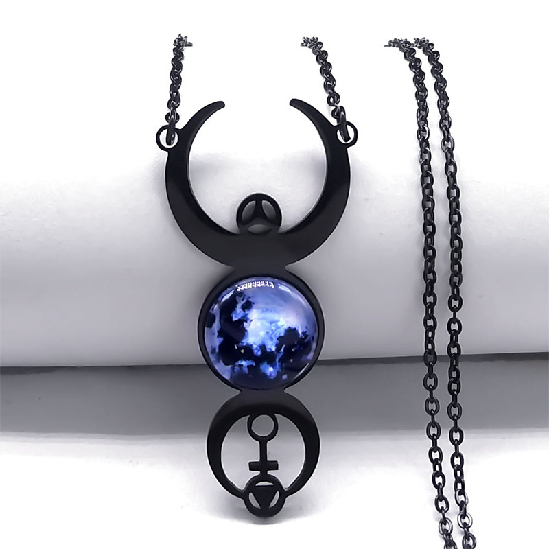Female Stainless Steel Crescent Planet Glass Necklace