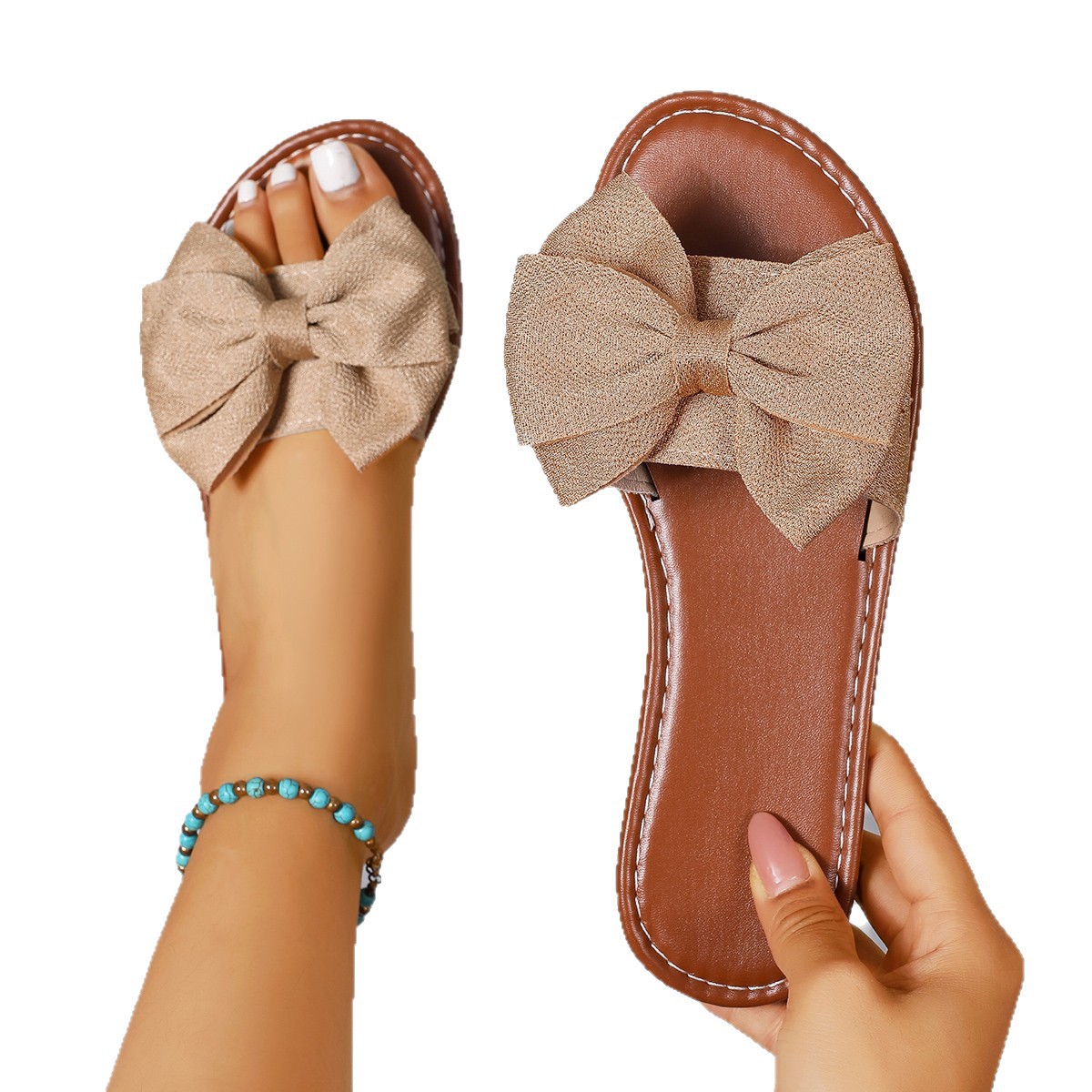Flat Round-toe Slide With A Bow Detail Casual Flat-heeled Fabric Sandals For Outdoor Wear
