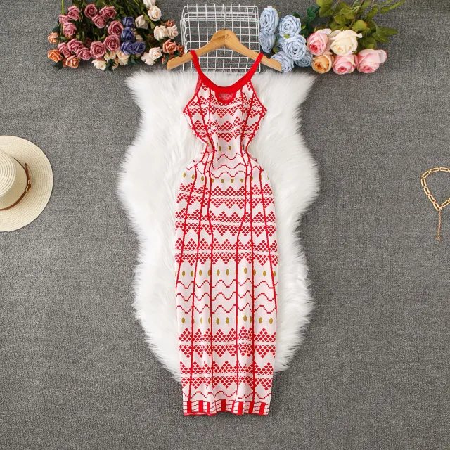 Women's Slim fit Sexy Backless Plaid Knit Spaghetti Strap Dress Red - Shop at LoveMi