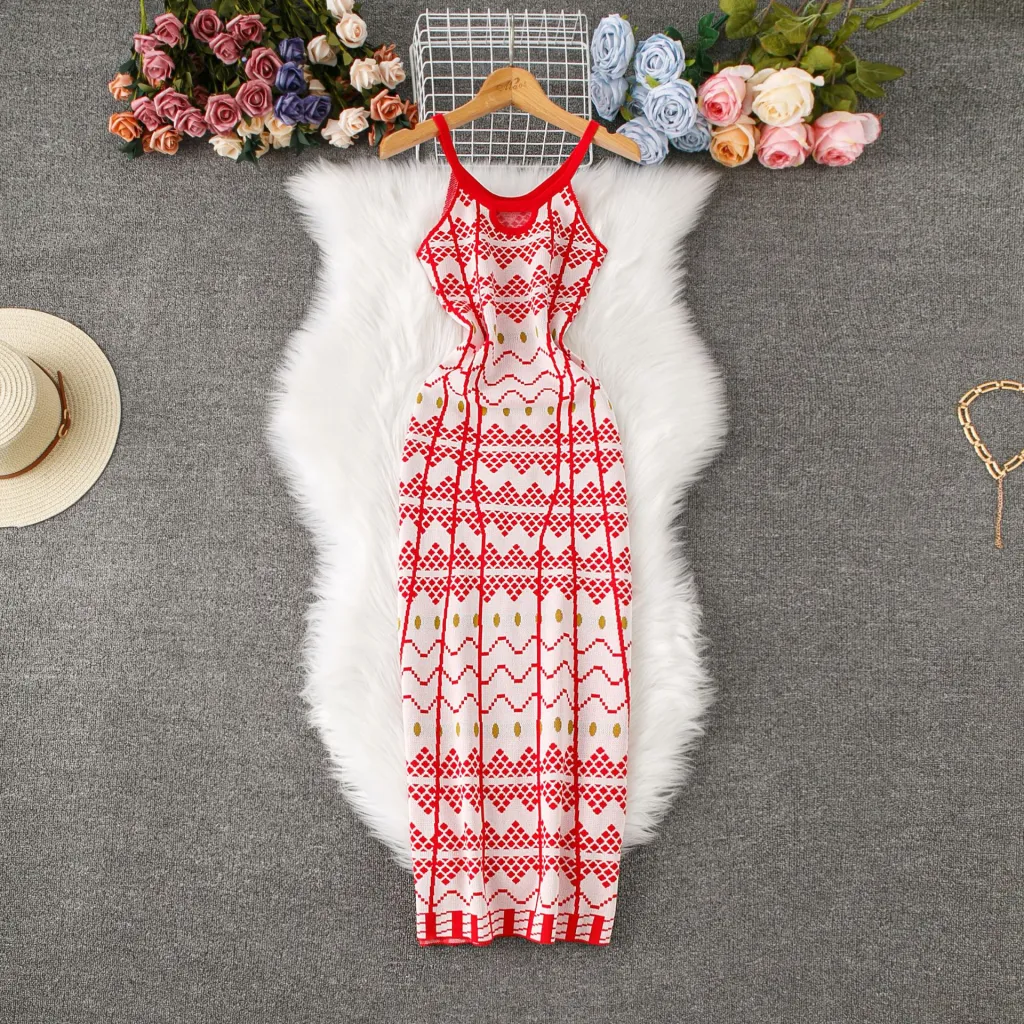 Women's Slim-fit Sexy Backless Plaid Knit Spaghetti Strap Dress - Red