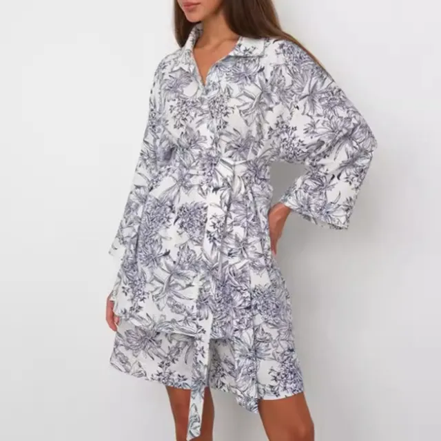 Women's Printed Lace up Long Sleeve Shirt Loose Two piece Suit Printing - Shop at LoveMi