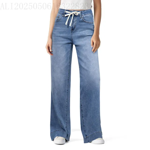 High Waist Elastic Straight Loose Drawstring Denim Trousers Light Blue - Shop at LoveMi