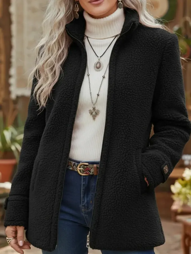 Womens Stand Up Collar Solid Color Loose Casual Long Sleeve Fleece Zip Up Jacket Black - Shop at LoveMi