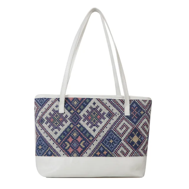 Retro Ethnic Style Casual Contrast Color Shoulder Large Capacity Presbyopic Tote Bag White - Shop at LoveMi