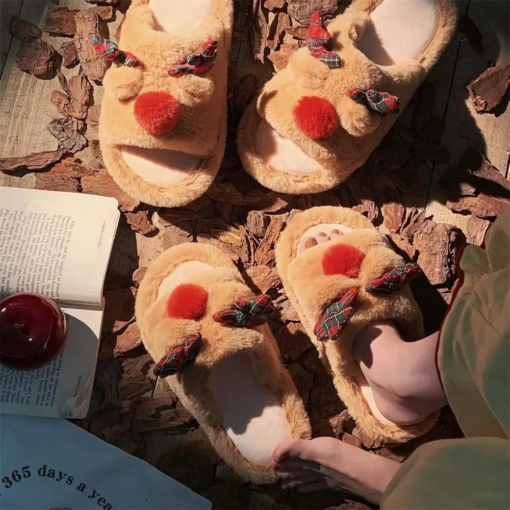 Indoor Cute One-word Cotton Slippers Autumn Women's Cartoon Fluffy Slippers