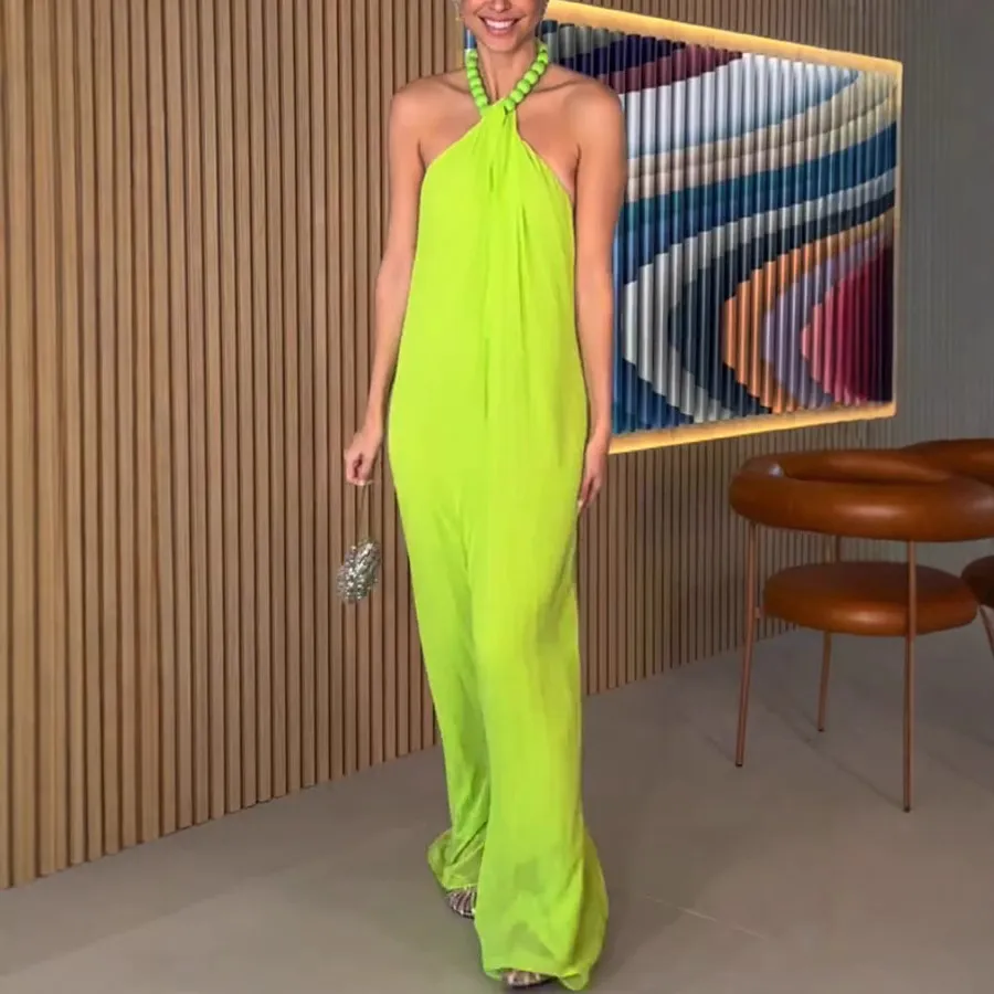 Spring And Summer Chiffon Pleated Halter Dress - Yellow Green