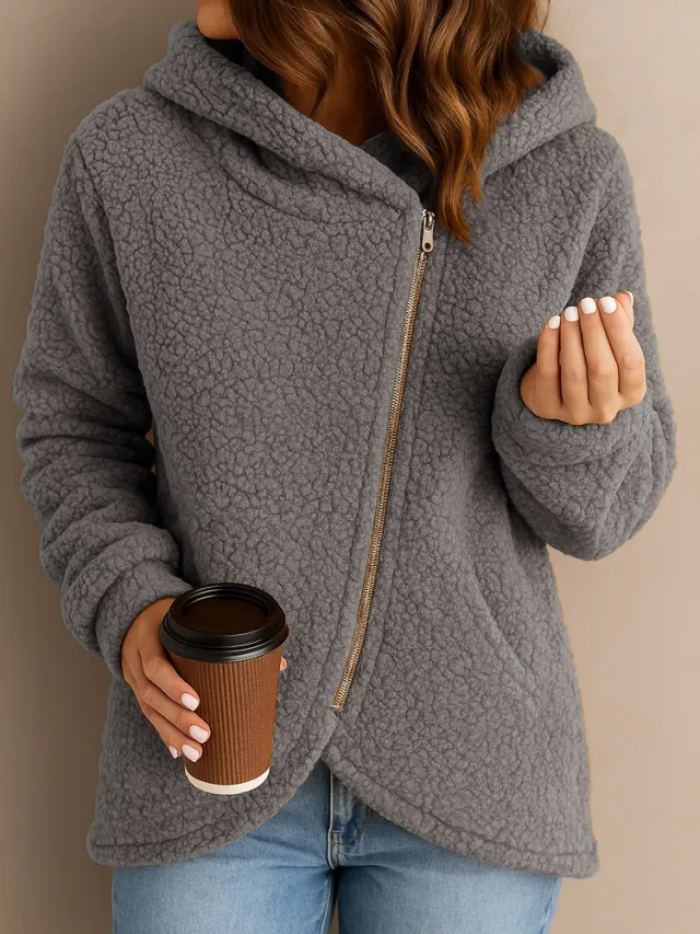 Casual Loose Lambswool Long Sleeve Zipper Hoodie Coat Gray - Shop at LoveMi