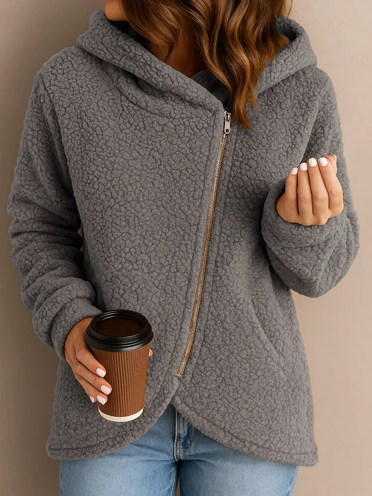 Casual Loose Lambswool Long Sleeve Zipper Hoodie Coat - Gray