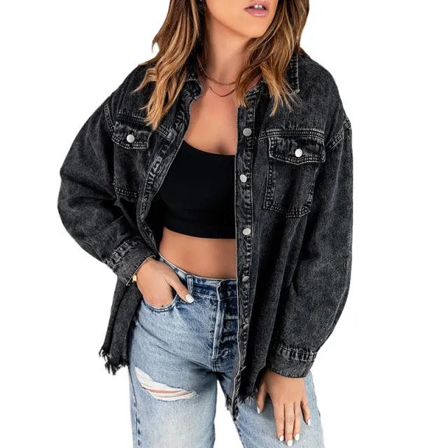 Denim Long Sleeve Lapel Top Women's Solid Color Single breasted Mid length Black - Shop at LoveMi
