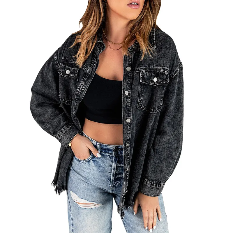 Denim Long Sleeve Lapel Top Women's Solid Color Single-breasted Mid-length - Black