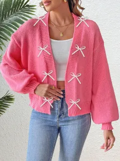 Women's Solid Colour Ribbon Bowknot Stitching Sweater Cardigan - Rose - View 1
