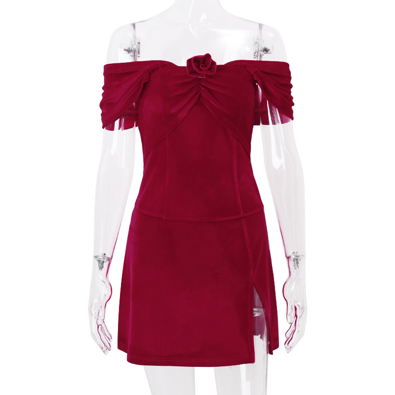 European And American Spring New Adult Lady Like Woman Off shoulder Tube Top Flower Slim Fit Slit Dress Women Red - Shop at LoveMi