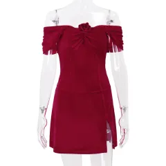 European And American Spring New Adult Lady Like Woman Off-shoulder Tube Top Flower Slim Fit Slit Dress Women - Red - View 1
