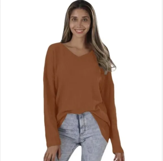 Women's Loose V neck Plus Size Street Knitted Bottoming Shirt Khaki - Shop at LoveMi