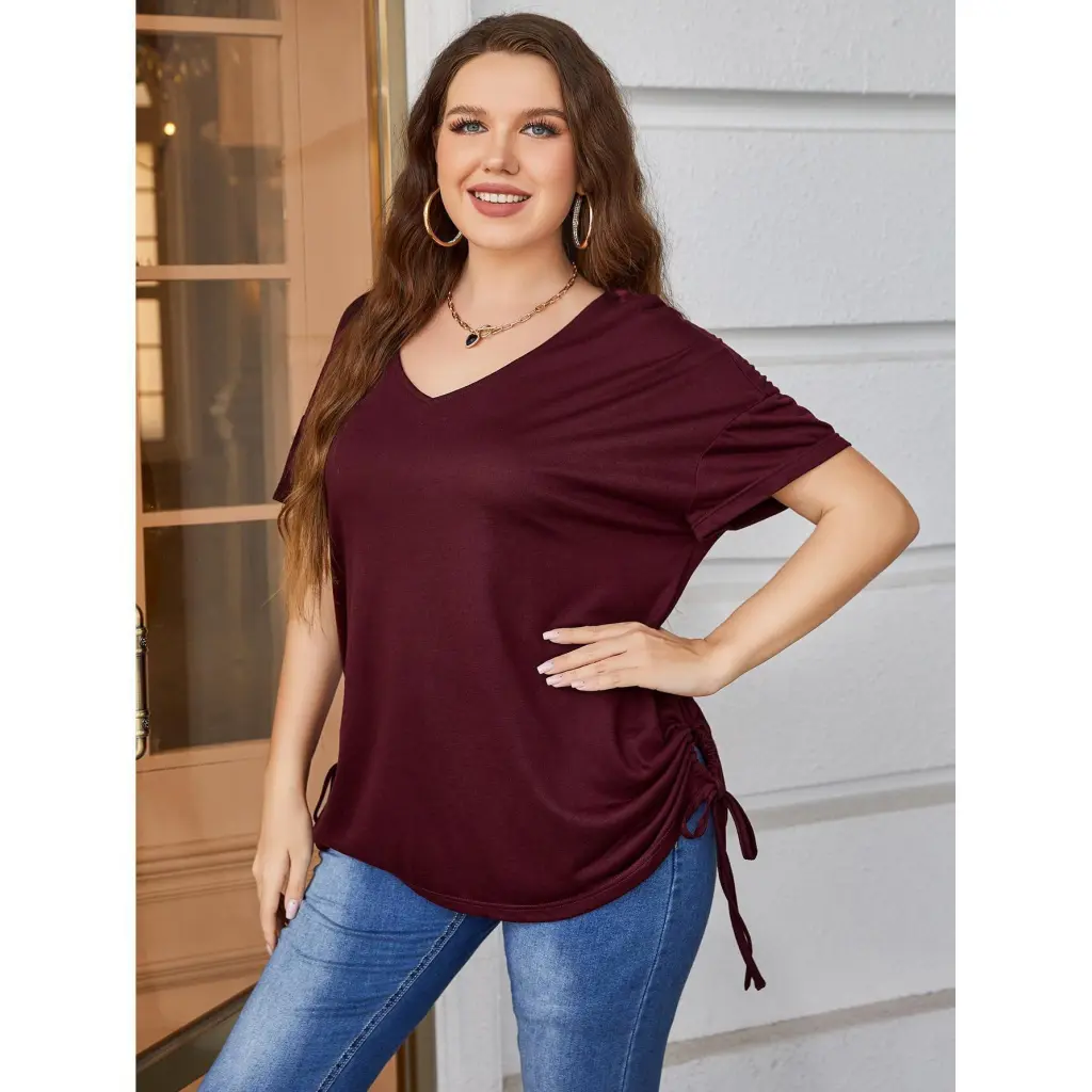 Plus Size Short-sleeved Top Women's Summer Solid Color Loose V-neck T-shirt Plump Girls - Maroon