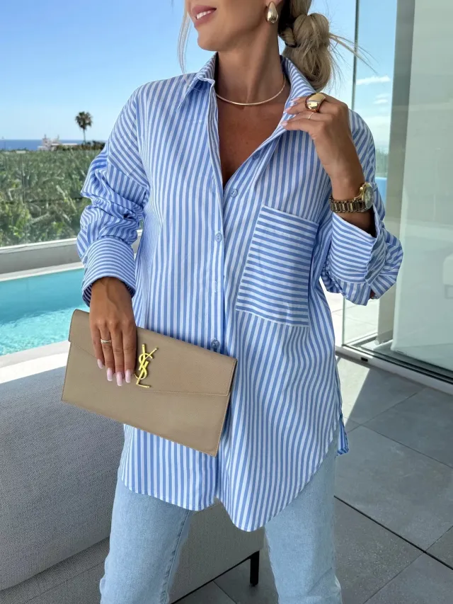 Spring Summer Long Sleeve Lapel Shirt Striped Print Lapel Shirt With Irregular Hem Button Placket Casual Loose Women's Blouses Blue - Shop at LoveMi