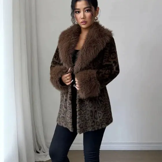 Faux Fur Leopard-Print Mink-Style Padded Long Coat