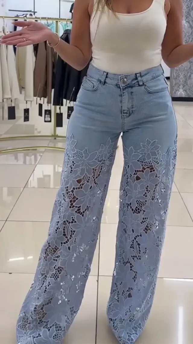 Fashionable Patchwork Denim Jeans For Women With Hollowed Out Lace Details Blue - Shop at LoveMi