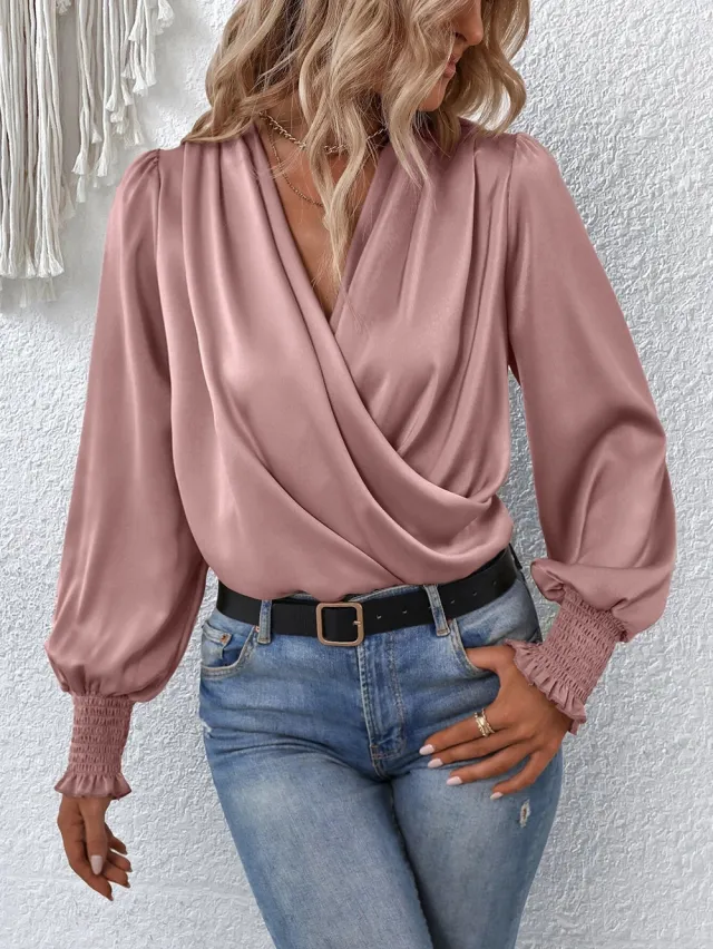 Women's Elegant Women's V neck Lantern Sleeve Style Solid Color Shirt Pink - Shop at LoveMi