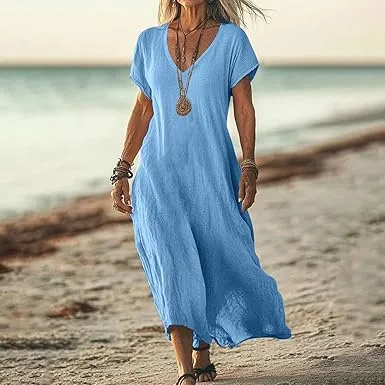 Loose Solid Color And V-neck Cotton And Linen Dress